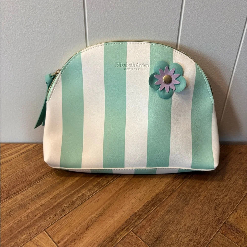 Elizabeth Arden Mint Green and White Striped Cosmetic Bag